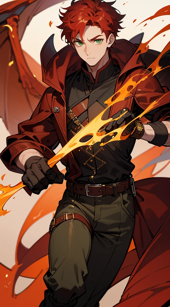 Handsome man, red hair, very short hair, ((crew cut: 1)), green eyes, fair skin, ((muscular: 1)), man, 28 years old, wearing a black hoodie, gold details, brown leather shawl, baggy pants gray boots, black and brown belts, black boots, brown gloves, lots of belts half-dragon half-human, transformation, fire, fire lord, red scales on some parts of the body, half-human, man with tail, man with red wings