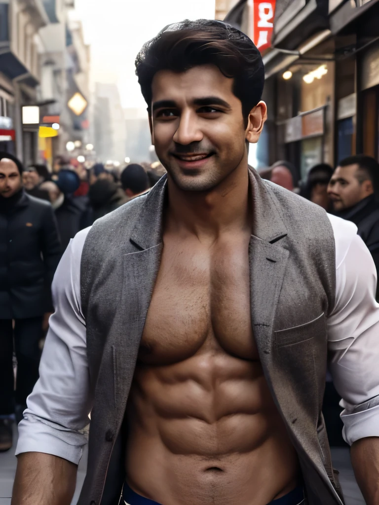 Hritik roshan goes shirtless in front of crowded people on a City Street.his nipple touched by the Guy. He gigles. He laugh. The wind blow the coat. He just wear the vest with no Shirt inside. (winter)