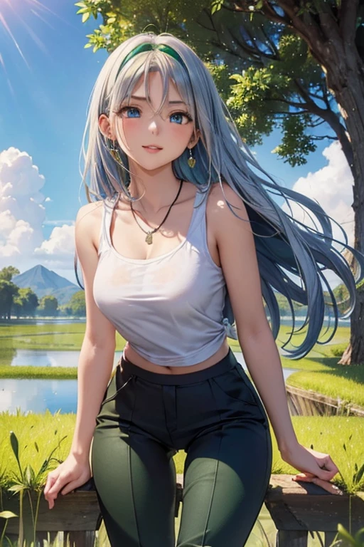 #Basics A girl is posing for a photo, animeのかわいい女の子, (((One Girl, , 16 years AK
#Clothing Accessories
(Black T-shirt:1.4 + (Knee-length wide-legged matcha-colored trousers:1.4) + sneakers),
(big silver necklace, Silver earrings),
BREAK
#Features
(Light blue hair:1.4, amount:1.4, Chest-length sideburns, Long Hair : Hair fluttering in the wind + Very long hair + Curly, voluminous hair that spreads out to the sides, White hair band),
(Droopy eyes,blue eyes), (Small breasts),
BREAK
#expression
(smug face, Wicked Smile),
#background environment
((noon, Sunshine + Paddy field + Rural landscape + rainbow)),
#composition
(Face the viewer:1.4, Aggressive Pose, Cowboy Shot:1.4),
BREAK
#Body parts elements
(Beautiful Hair,Shiny Hair),
(double eyelid, Long eyelashes),
(Expression of fine eyes, Beautiful and delicate eyes, Sparkling eyes, Eye Reflexes),
(Human Ear),
(Beautiful Nose, Thin Nose),
(Glossy lips, Beautiful Lips, Thick lips), (Symmetrical facial features),
(Detailed skin, Textured skin, Beautiful Skin),
BREAK
#Quality
(((Highest quality)), ((masterpiece)), ((Very detailed))), ((High resolution), (16k,1080p)),
(Realistic), (Anatomically correct),
((comics, anime)), (3DCG), CG illustration,