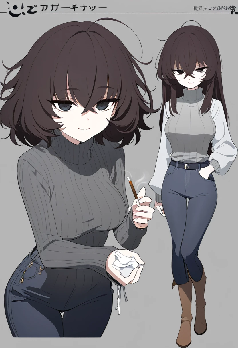 One Woman,Downer,older sister,Concept Art,Dark brown hair,Straight hair with slight inward curls,Staring eyes,Eye Ridge,black eye,Crossed bangs,whole body,smile,Slightly larger breasts,Gray background,Bangs that reach down to the eyes,Messy hair,Tight dark jeans,Gray turtleneck sweater,Multiple views of the same character,Character Design,Dark circles under the eyes,Bad look,Listless,Sloppy,accessories,Cafe staff,Holding a cigarette,whole bodyCharacter Design,Detailed hands,Height: 170cm,boots,