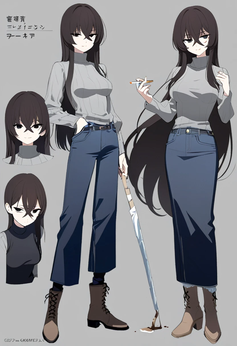 One Woman,Downer,older sister,Concept Art,Dark brown hair,Straight hair with slight inward curls,Staring eyes,Eye Ridge,black eye,Crossed bangs,whole body,smile,Slightly larger breasts,Gray background,Bangs that reach down to the eyes,Messy hair,Tight dark jeans,Gray turtleneck sweater,Multiple views of the same character,Character Design,Dark circles under the eyes,Bad look,Listless,Sloppy,accessories,Cafe staff,Holding a cigarette,whole bodyCharacter Design,Detailed hands,Height: 170cm,boots,