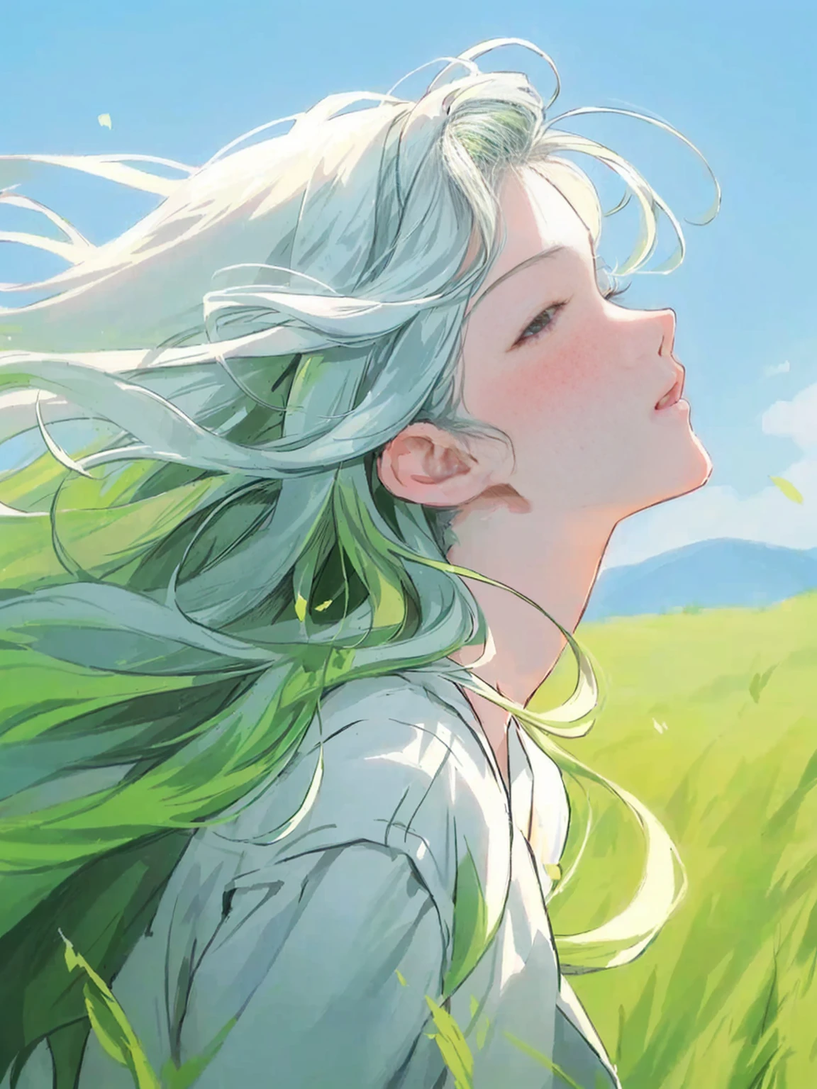 japanese cartoon movies, girl, grass, eye, hair, eye closed, eye closed, Beautiful Young Wind Spirit, beautiful japanese cartoon movies portrait, wind blowing and hair flowing, green flowing hair, wind blowing hair, beautiful illustration painting, digital japanese cartoon movies illustration, beautiful japanese cartoon movies artwork, Beautiful digital illustration, hair blowing the wind, beautiful japanese cartoon movies art, japanese cartoon movies girl with long hair