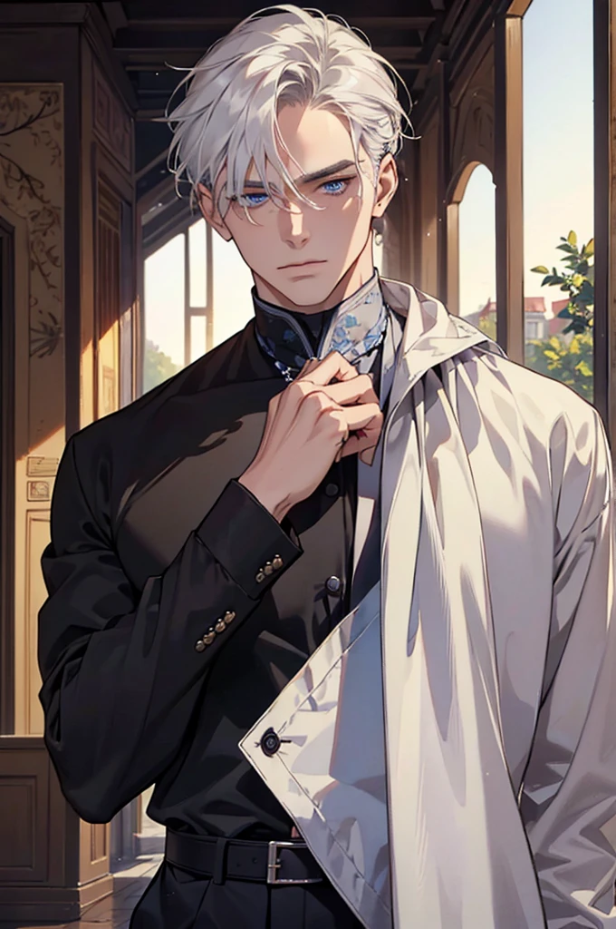 ((masterpiece:1.2, Best quality)), 4k, adult, European face, 1 person, male, mature, masculine, Beautiful, very tall, Muscles, broad shoulders, dark casual wear, White skin, medium white hair, Blue eyes, portrait, sunset, old house with apple trees. 
