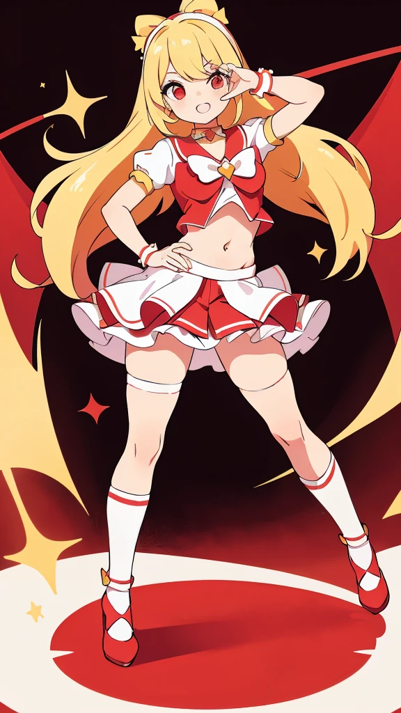 pop idol girl with a magical girl theme, blond hair, red eyes, her belly free idol outfit is colored red and white and made with an magical girl theme in mind, she is wearing matching thighigh socks and heels also made in a macical girl style
