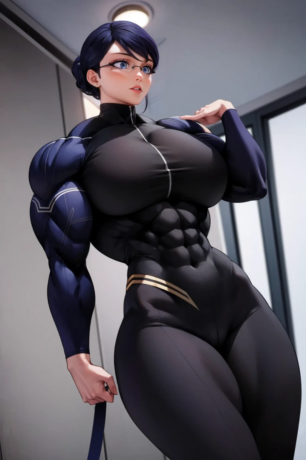 a muscular female bodybuilder in office suit, detailed face, beautiful detailed eyes, beautiful detailed lips, extremely detailed face and muscles, long eyelashes, strong muscles bulging through suit, dynamic pose, professional studio lighting, hyperrealistic, 8k, high quality, photorealistic, physically-based rendering, concept art, dramatic color palette,(from behind big ass,face looking at left side)