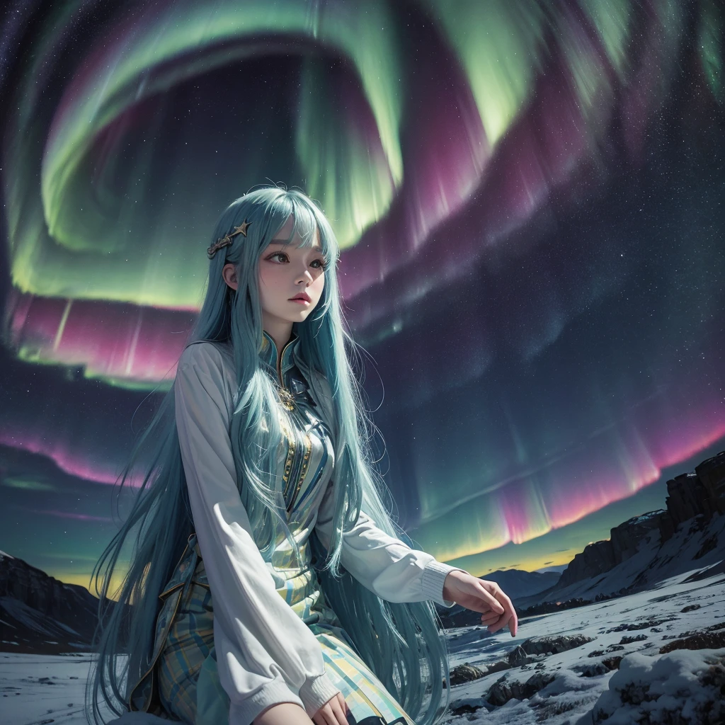 trippy art,aurora borealis,long hair girl,starrysky。