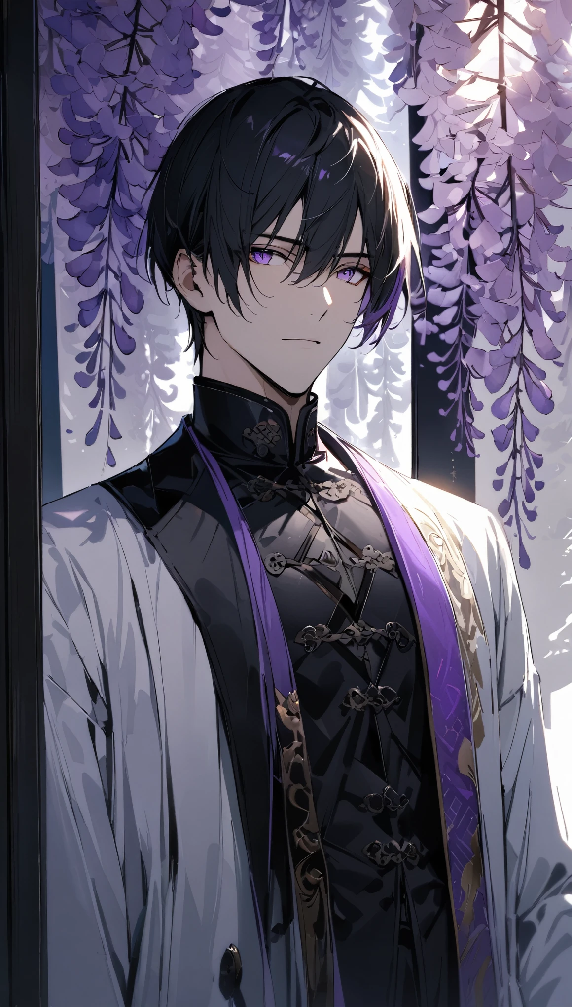 (masterpiece:1.5),best quality,(1 Handsome and calm man),alone,black short hair,(purple eyes), (soft expression),perfect face,Fantasy Chinese style,Long black trench coat,white and purple cloth,Complex clothing design with Chinese elements,Black leather gloves,white lining,White suit pants,Slightly muscular body,High,8K,Beautiful contrast of light and shadow,purple flowers,Wisteria flowers,(complete upper body),Positive face,((luxury screen)),Chinese style palace background
