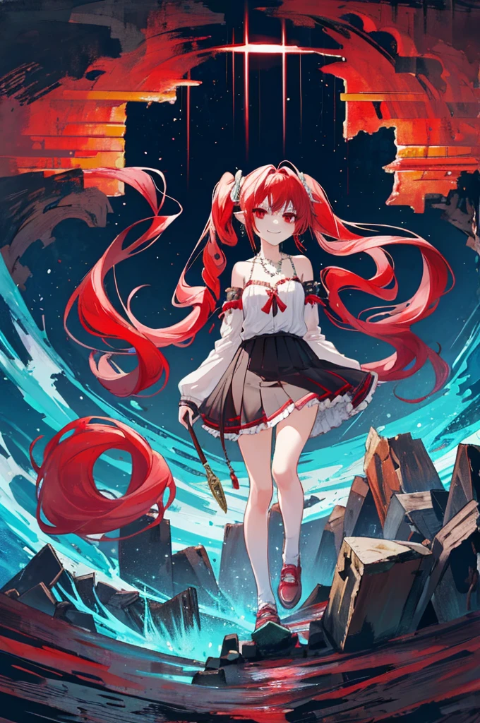 {{Eroge,Game CG,High quality game CG},{{{1girl in}}},{{masutepiece}}, {{{Best Quality}}}, {{Ultra-detailed}}, {{Illustration}},,{{magical little girl}},brooches,,,, {{disheveled hair}},,Big hair, Gradient Hair,Small breasts,,,Drill Hair, {pocket watch},absurdly long hair, Dreadlocks, Red hair, Red hair,Red hair,Gradient Hair,((Evil smile)), v shaped_eyebrows, zettai_ryouiki,,,, floral print and pleated skirt. Add accessories like fringed earrings or a statement necklace.、Complete the look. Gather on the grassland with adventurers,burning city background,((Shoulders and arms are exposed)),(Evil smile),Furious,(Evil smile),(loli girl),(loli girl),Jewel-like red eyes,(Arms Exposed),((high twintails)),twintails, girl,((full body)),angry,burning city,turn around to look at me,slender body,mini skirt,