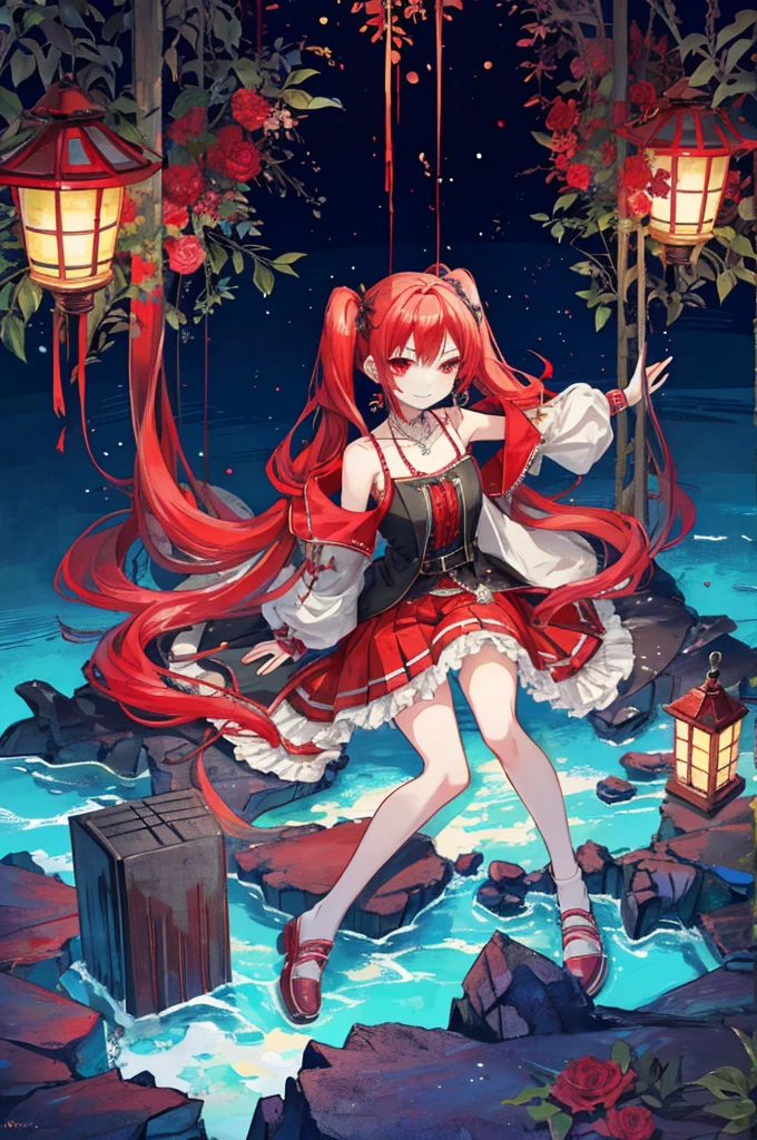 {{Eroge,Game CG,High quality game CG},{{{1girl in}}},{{masutepiece}}, {{{Best Quality}}}, {{Ultra-detailed}}, {{Illustration}},,{{magical girl}},brooches,,,, {{disheveled hair}},,Big hair, Gradient Hair,Small breasts,,,Drill Hair, {pocket watch},absurdly long hair, Dreadlocks, Red hair, Red hair,Red hair,Gradient Hair,((Evil smile)), v shaped_eyebrows, zettai_ryouiki,,,, floral print and pleated skirt. Add accessories like fringed earrings or a statement necklace.、Complete the look. Gather on the grassland with adventurers,burning city background,((Shoulders and arms are exposed)),(Evil smile),Furious,(Evil smile),(loli gl),(loli gir,Jewel-like red eyes,(Arms Exposed),((high twintails)),twintails, girl,((full body)),angry,burning city,turn around to look at me,slender body,mini skirt,