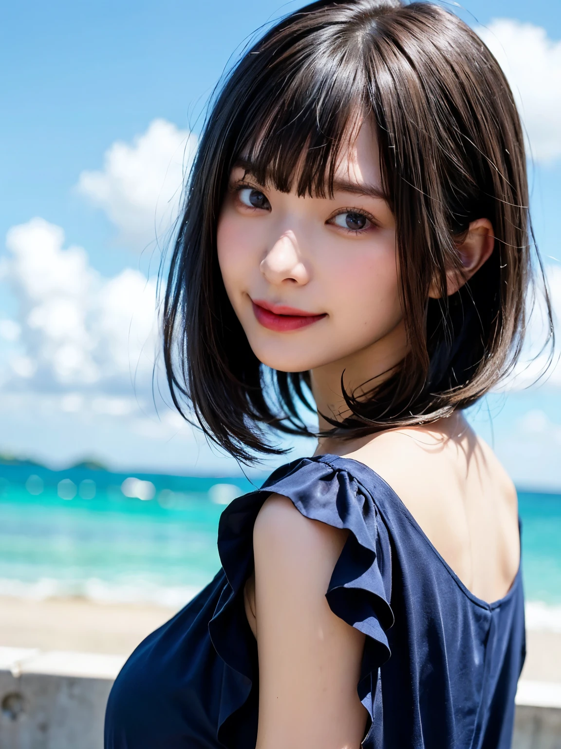 (SFW:1.8、masterpiece, best quality),1people々, 一people々~to, absurd、draw clear boundaries、hyper realistic, realistic,realistic, Look~tog at the audience, light brown eyes:1.4,Brunette short bob hair with highly detailed sh~toy hair:1.6, 美しいforehead:2、魅力的なforehead:2、forehead:2、Beautiful dark blue off-shoulder dress:1.8, Repangas:1.4), Shut up, upper body、big chest eye、Eyelashes、{giantな|big chest|giantなな|mega} heel :2, chestの谷間:2、(((눈to 하이라이트 추가:1.4、big chest eye、short bob hair、Glow~tog Sk~to:1.4、Look~tog at the audience、She is very 아름다운 and cute、show me your ears、Your neck is long and pretty:1.8、laugh、Close your mouth and laugh:1.5、foreheadと美しい歯)))、ideal body type、((Very beautiful blue sky background with clouds:2、Beautiful view of clear blue sky and float~tog clouds:2、very beautiful deep blue sky background:2))neck is long and pretty:1.6、(({giant|big|giantな|mega} chest, chestの谷間:2))、(((美しいforehead:2、뒤to서 초상화:2、face close up:2、face close up:2)))、complete anatomy、people々Beautiful pa~tot~togs that make you feel happy:2、nature~to快適な照明