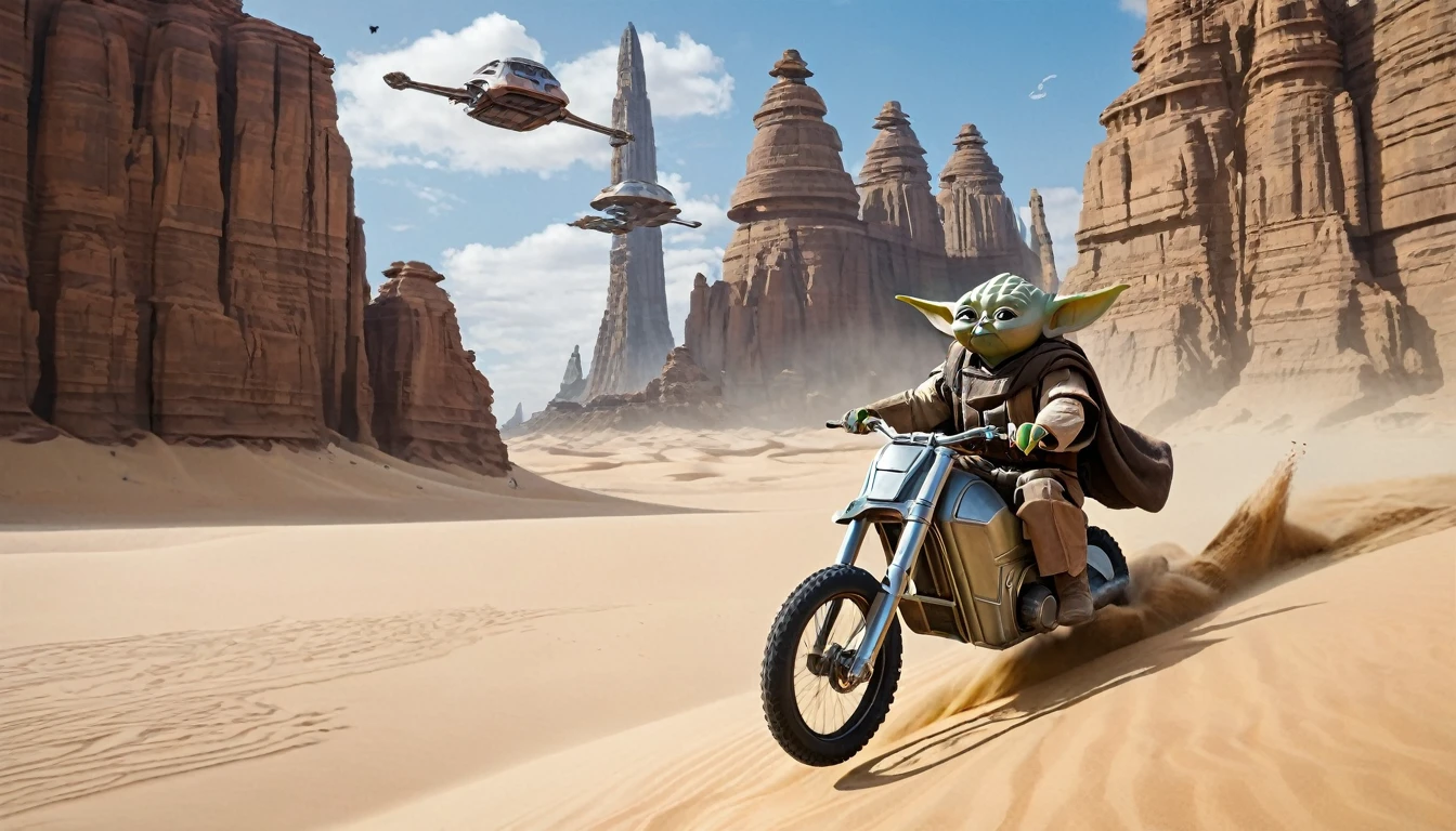 Create an image featuring a dynamic desert landscape with towering rock formations under a partly cloudy sky. In the foreground, depict a character resembling The Mandalorian riding a futuristic speeder bike, kicking up sand as he zooms through the terrain. The Mandalorian is armed with a long rifle, and Baby Yoda (Grogu) is seated in a pouch on the side of the bike. Include details like an old, partially buried spaceship component in the sand and a sense of motion and adventure. The overall scene should capture the excitement and energy of a high-speed chase in a sci-fi desert environment.