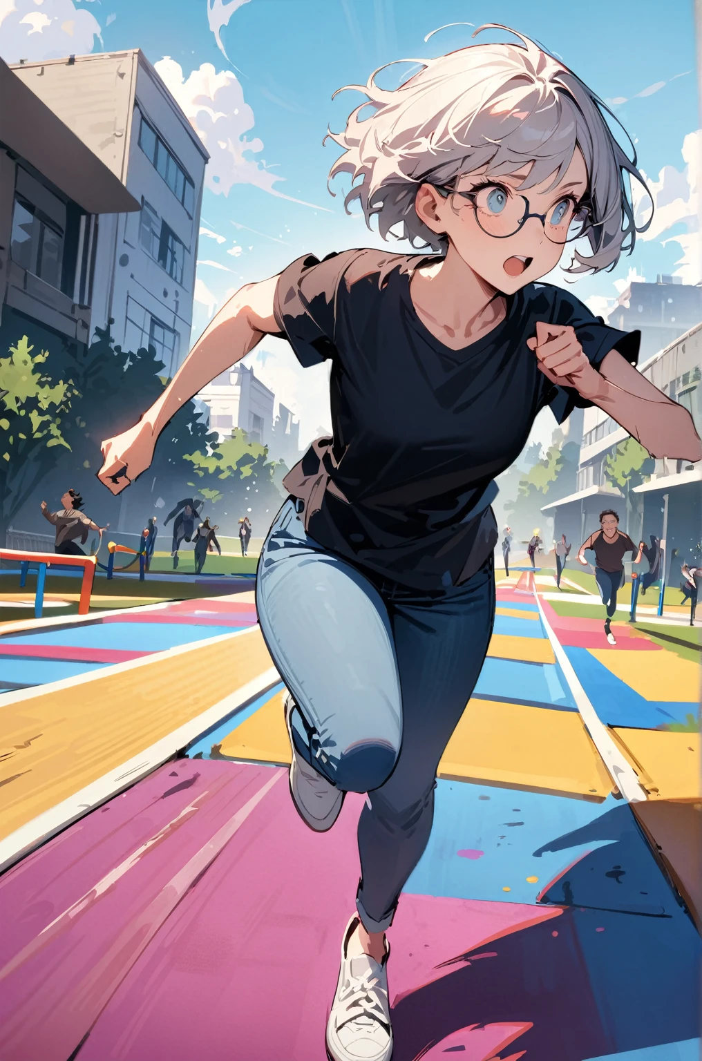 masterpiece，woman,best quality, very beautiful, absurd, Playground runway，A short-haired man with glasses and wearing a shirt and jeans is running，Right arm，collapse