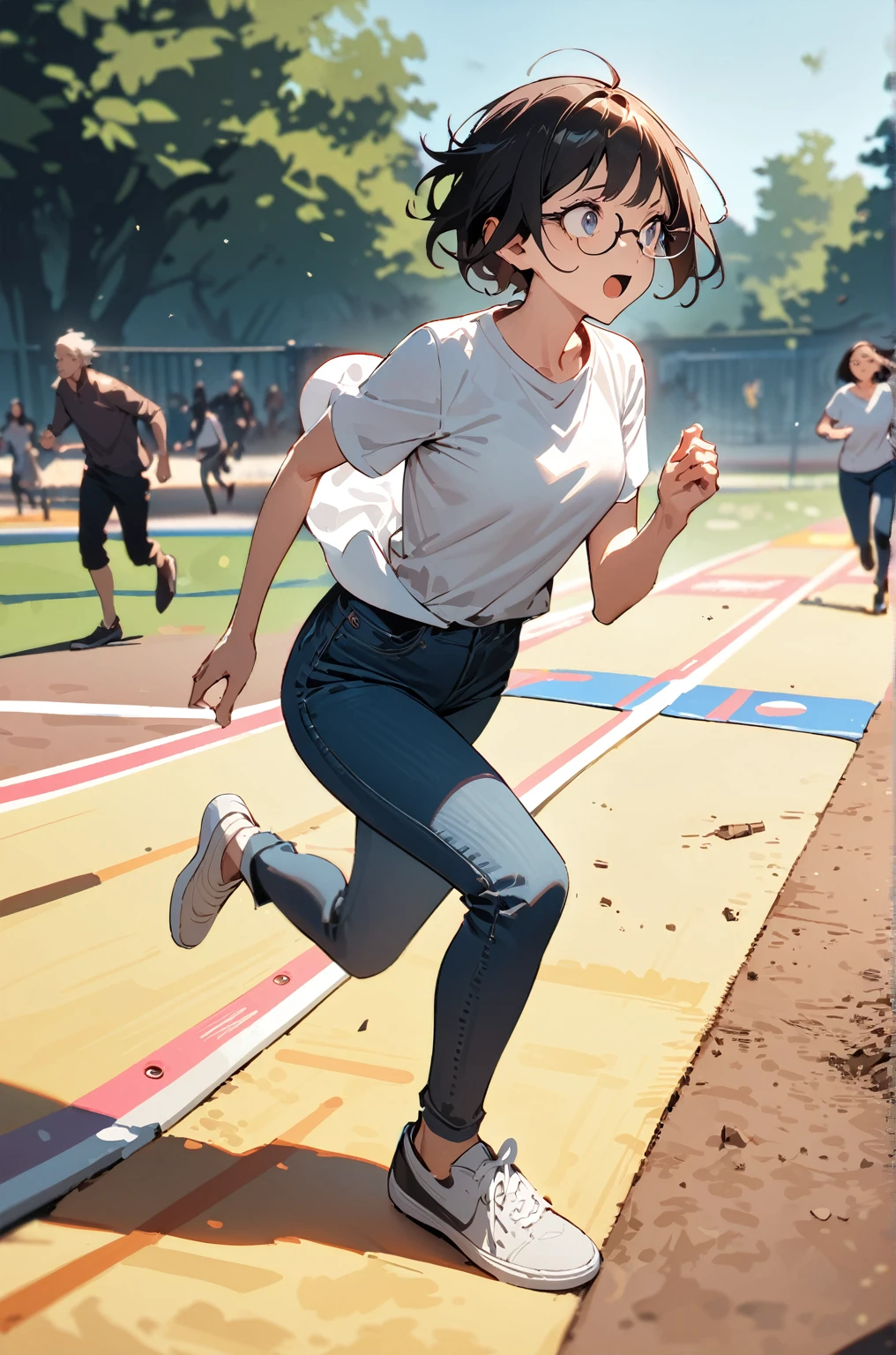 masterpiece，woman,best quality, very beautiful, absurd, Playground runway，A short-haired man with glasses and wearing a shirt and jeans is running，Right arm，collapse
