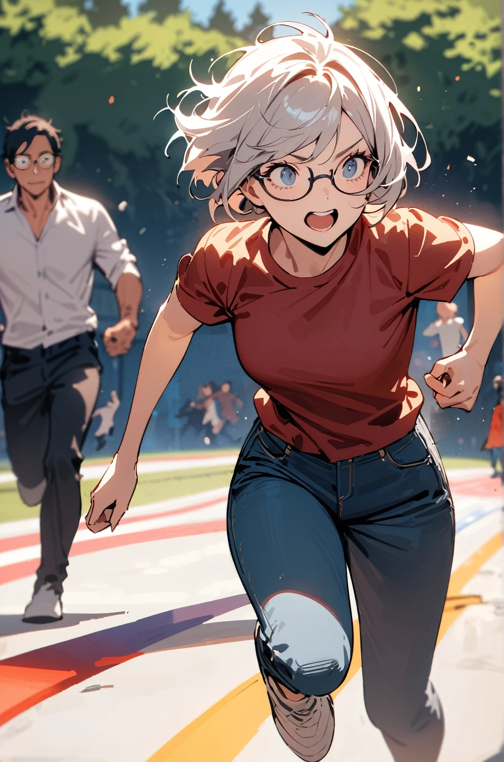 masterpiece,woman,best quality, very beautiful, absurd, Playground runway,A short-haired man with glasses and wearing a shirt and jeans is running,Right arm,collapse