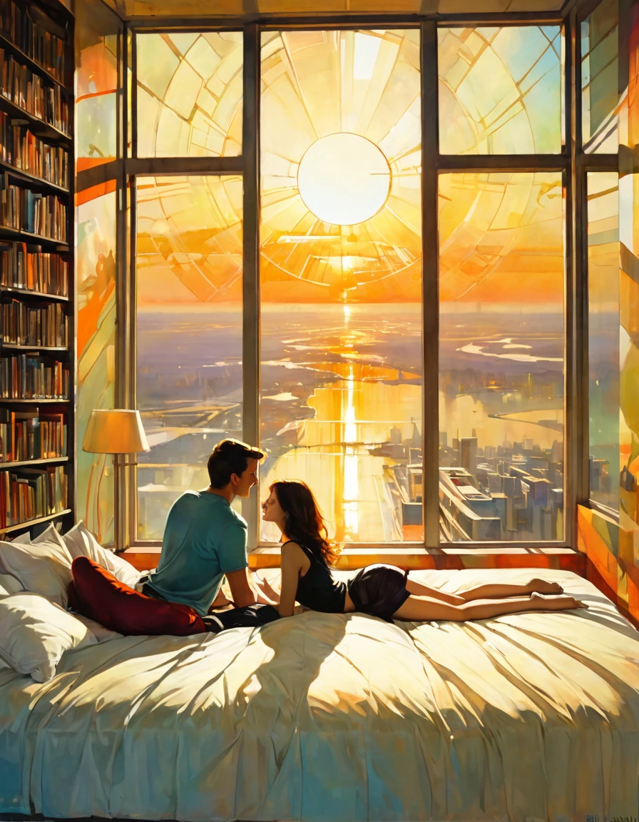 boy and girl couple, in bed, happy, large window, sunrise, large futuristic landscape, large library in the room, large amount of details,(art inspired by Bill Sienkiewicz). oil painting)
