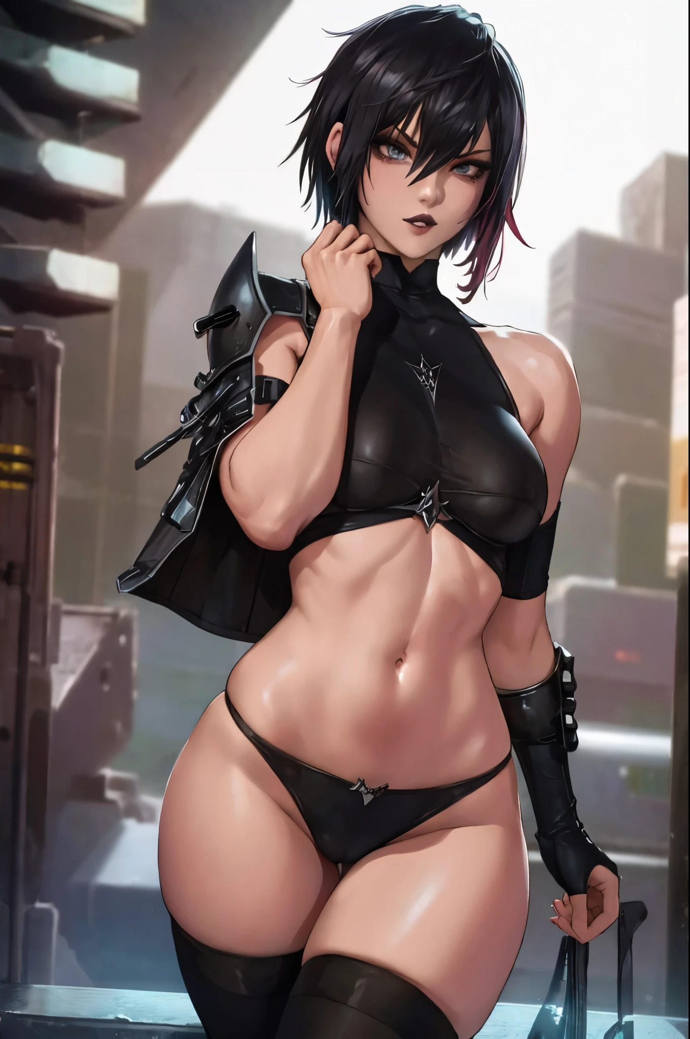 sexy girl, black lipstick, short hair, black stockings, thick ass, clothes, solo, cyberpunk, cyberpunk style, clothes in cyberpunk style. Fully dressed
