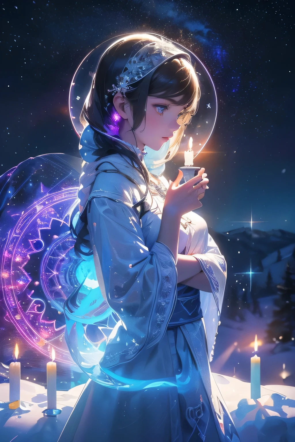 raw photo:1.2, masterpiece, highest quality, 16k, unbelievably absurd, very detailed, perfect beauty, (double exposure vibrant colors silhouette:1.3), (layered vibrant colors silhouette:1.2), (snow world photo scenery), snowflakes, starry sky with aurora, flowing towel, flowy long hair, (magic circle:1.2), (realistic photo scenery), (candle light), (witch girl holding magical wand), 