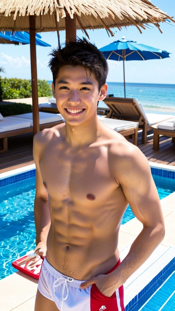 male 0 swimwear lifeguard topless smile