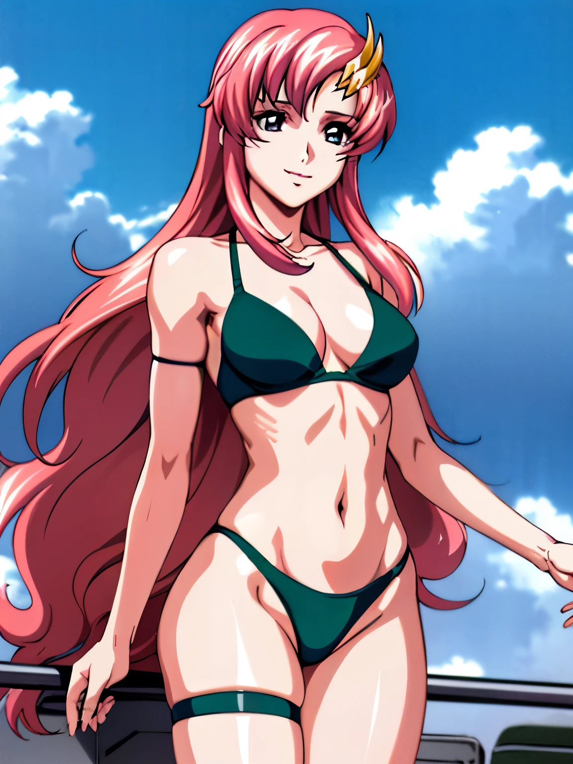 lacus4, (green bikini, lying, thong, tall girl, masterpiece, cowboy shot, very slim shoulders, 4K, Best Quality, Anime style: 1.9, happy, Adult Woman, (ultra detailed head), (Crowd, cloud background), Drawing lines, high resolution, lacus4), clavicle, scapular, (Detailed wide hair bangs, Detailed reddish-pink hair, long detailed hair, slim arms, white skin), cleavage, (hair cover shoulders). (Big blue eyes, shiny eyes), ((female wrestler, (slim body), small shoulder blades, slim arms, thighs)), ((perfect proportions, medium-small breasts, medium thighs, half belly, defined arms)), ((leg strap)), smile with a wink, (lying, hot colors), detailed fingers, (bare shoulder, looking away)
