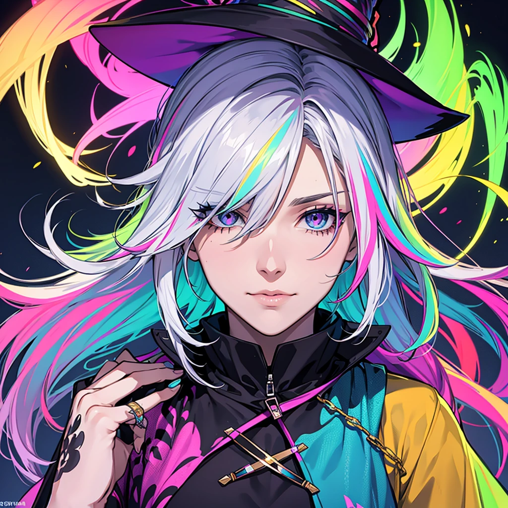 neon rainbow color hair,shaggy hair,auntie,witch,aepron, hair over both eye