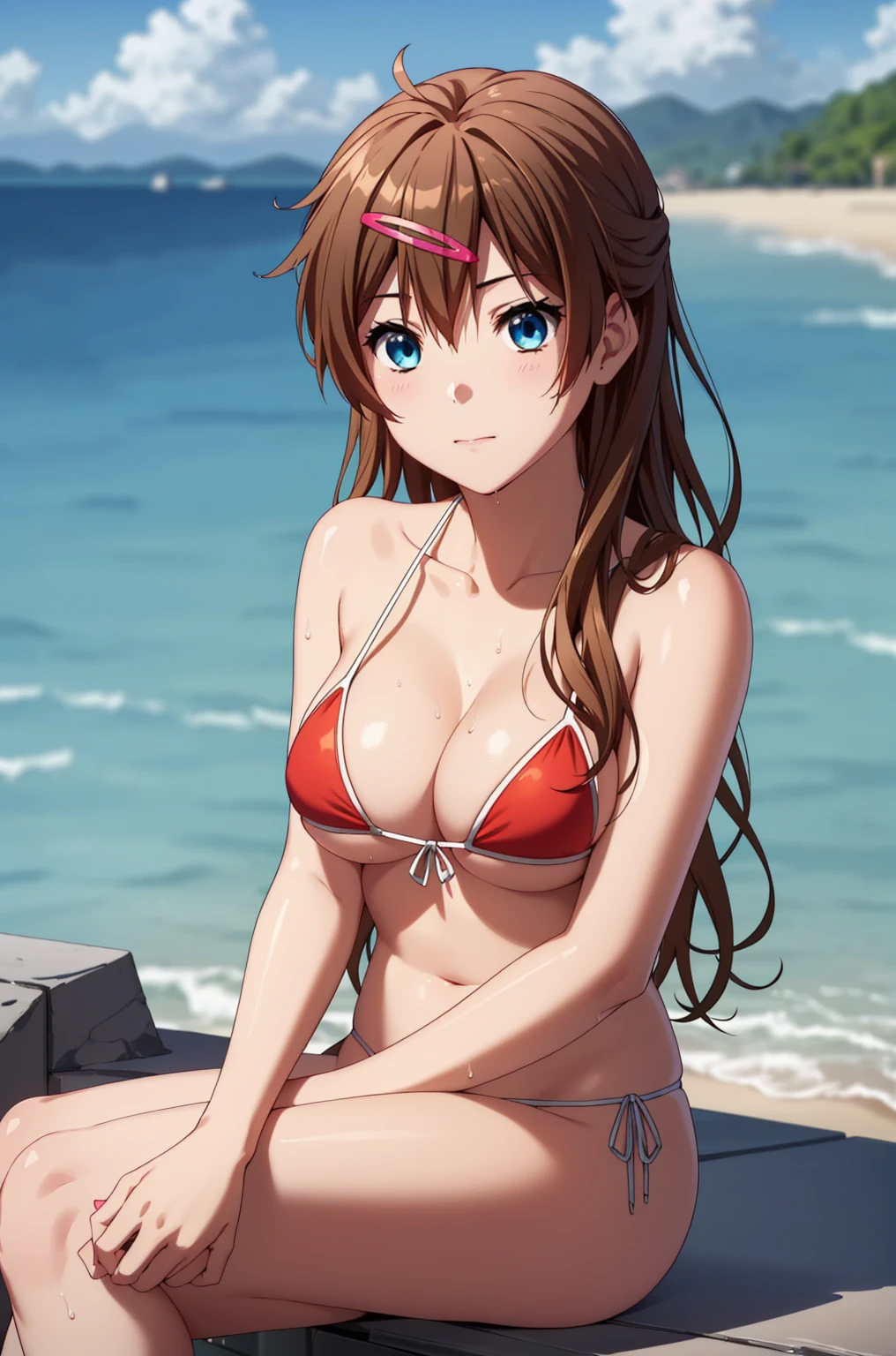 ((masterpiece, Highest quality, High resolution, UHD, Pixel perfect, Depth of written boundary, 4K, rtx, HDR)), 1 Girl, single, alone, 24-years-old, Beautiful Anime Girls, Beautiful art style, anime character, ((Parted bangs, Brown Hair)), (blue eyes、Round eyes, Delicate eyelashes、Beautiful eyelashes, Perfect Eyes), (Detailed face:1.2), (Smooth texture:0.75, Realistic texture:0.65, Realistic:1.2, Cinematic, Anime CG Style), Perfect body, Ocean:1.3、Moderately good :1.7、Red Micro Bikini Swimsuit:1.8、Visible from the thighs:1.9、Wet、Water Drop、Splash、nsfw、visible from below、Sitting、Crossing your legs