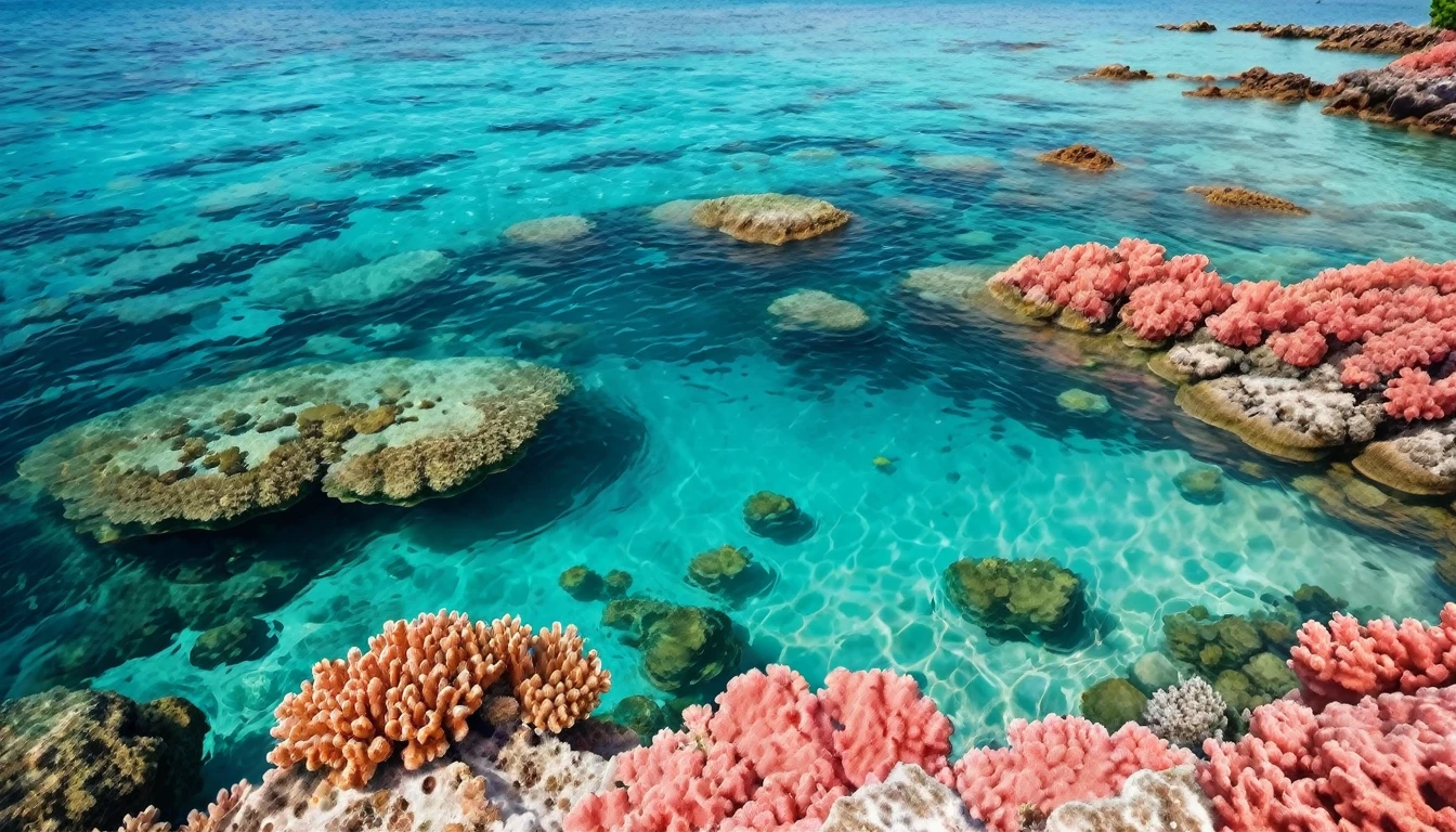view of the sea surface with beautiful coral rocks. Beautiful abstract background concept banner for summer vacation at the beach.