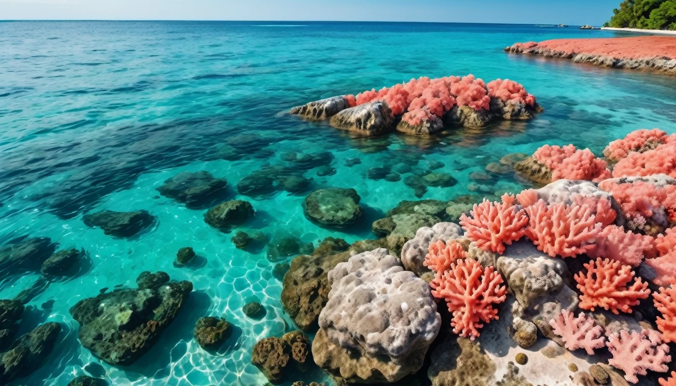 view of the sea surface with beautiful coral rocks. Beautiful abstract background concept banner for summer vacation at the beach.