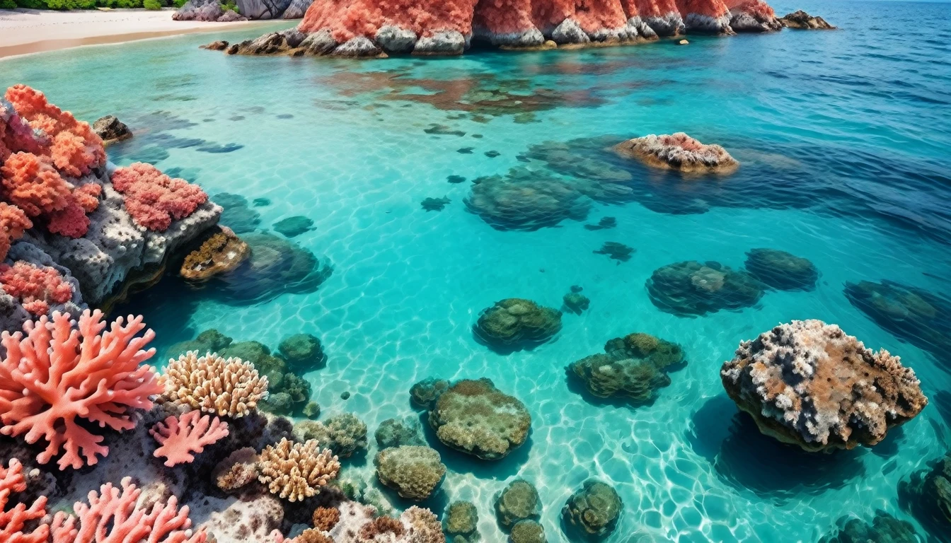 view of the sea surface with beautiful coral rocks. Beautiful abstract background concept banner for summer vacation at the beach.