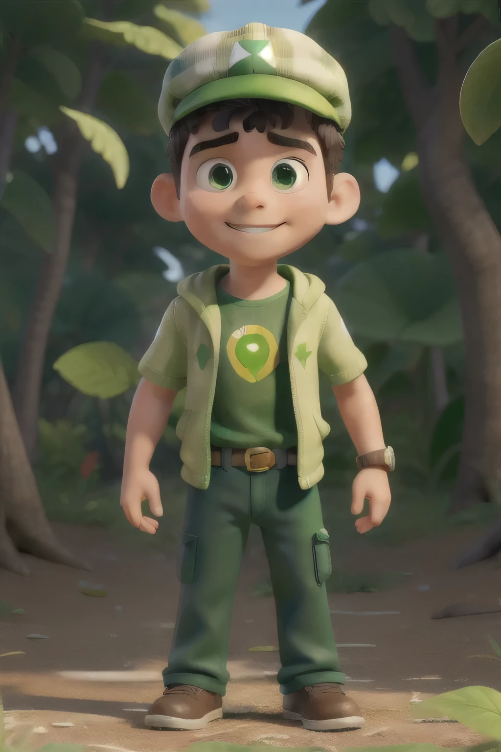 Obra de arte, melhor qualidade, a super hero boy, with green super powers in hand, de olhos castanhos escuro, com o cabelo liso da cor castanho escuro, enraivadodo , com um fone da cor verde, in a green uniform with a leaf symbol in the middle, in green pants, menino alto, with super hero pose, com luvas da cor verde, with a green cap with a leaf symbol, com sapatos verdes, background of a green light with a symbol of a leaf, um fundo de poderes verdes e luzes verdes, a big man becoming a super hero, see