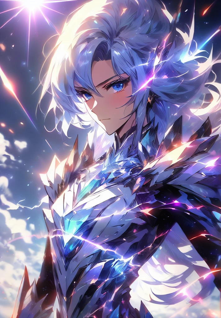(incredibly absurdres, smooth, 8k wallapaper, masterpiece, hyper extreme detailed:1.2), (feminine, 1girl, female, woman, beauty, soft, soldier, divine warrior, close up shot, dynamic pose, graceful elegant, young face, nobility, long hair, neat hair, flat chest, solo:1.2), 1girl, mature, warrior, god, senti, blue eyes, (crystal hair:1.1), dress, armor, black armor, crystal armor, (shining hair, lens flare, flash, moon:1.3), Fu hua, Honkai impact, darkness, dark skies, strong, mature