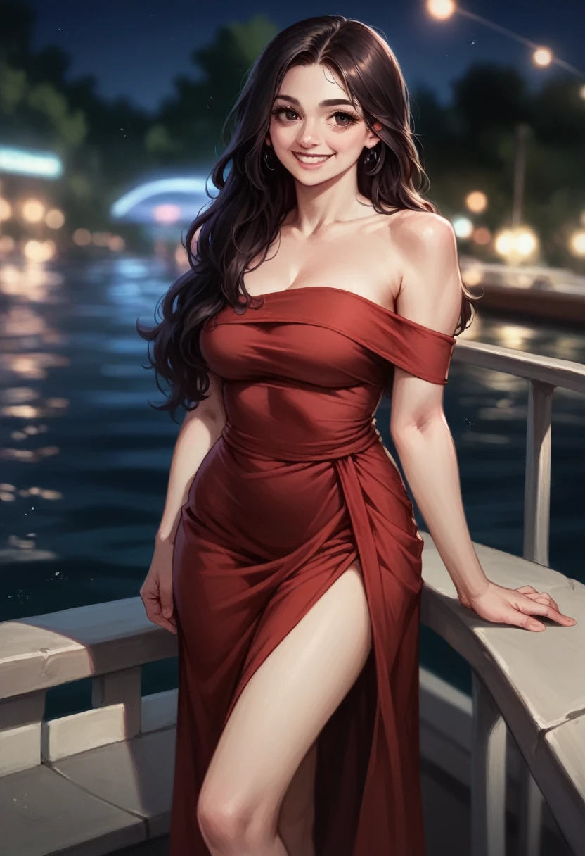 lovely girl next to the yacht，voluminous hair，delicate face，realistic，For real，large aperture，wear a dark red dress，cropped dress，Off shoulder，dress around the neck，slim，smile，ultra high resolution, blurred background