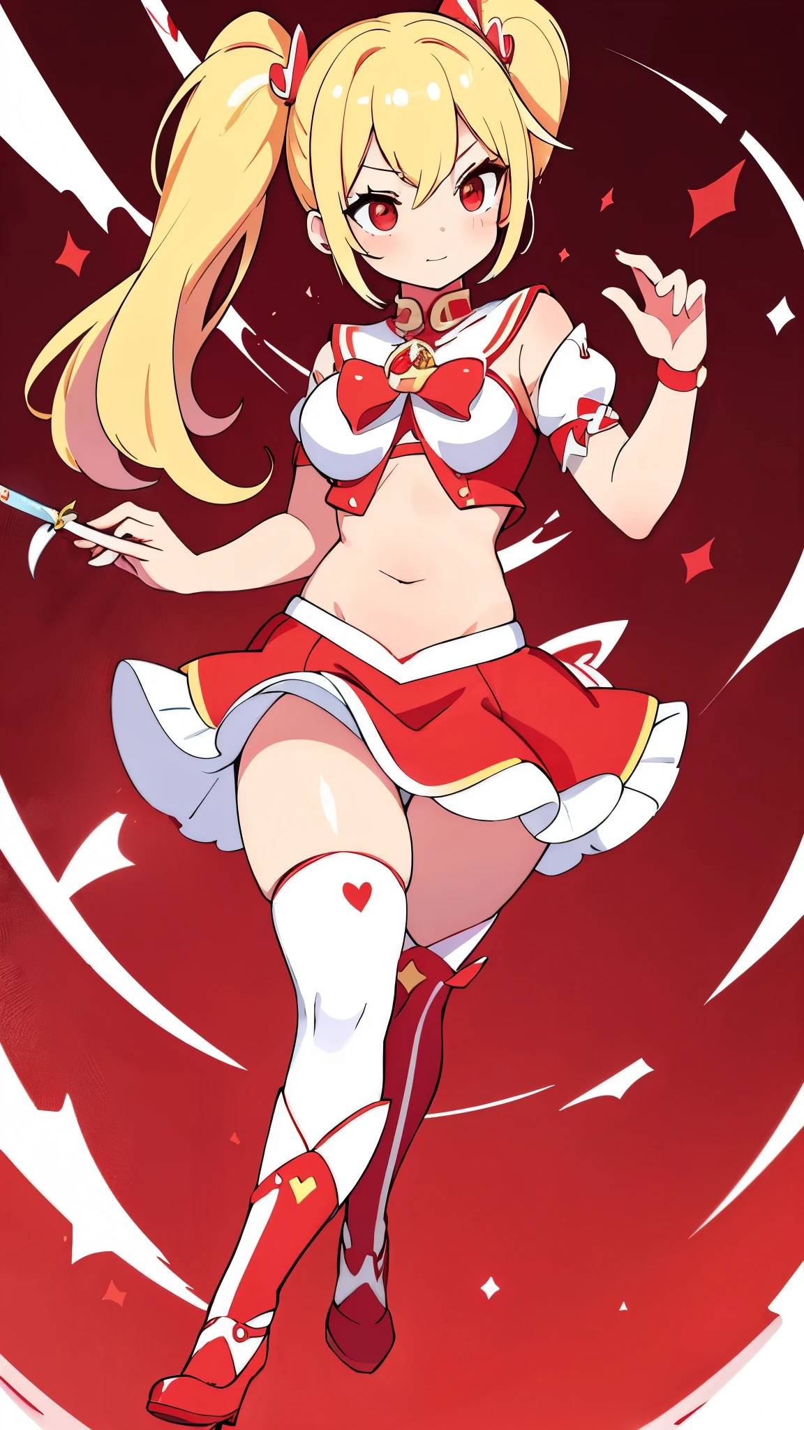 pop idol girl with a magical girl theme, blond hair, red eyes, her belly free idol outfit is colored red and white and made with an magical girl theme in mind, she is wearing matching stockings and heels also made in a macical girl style