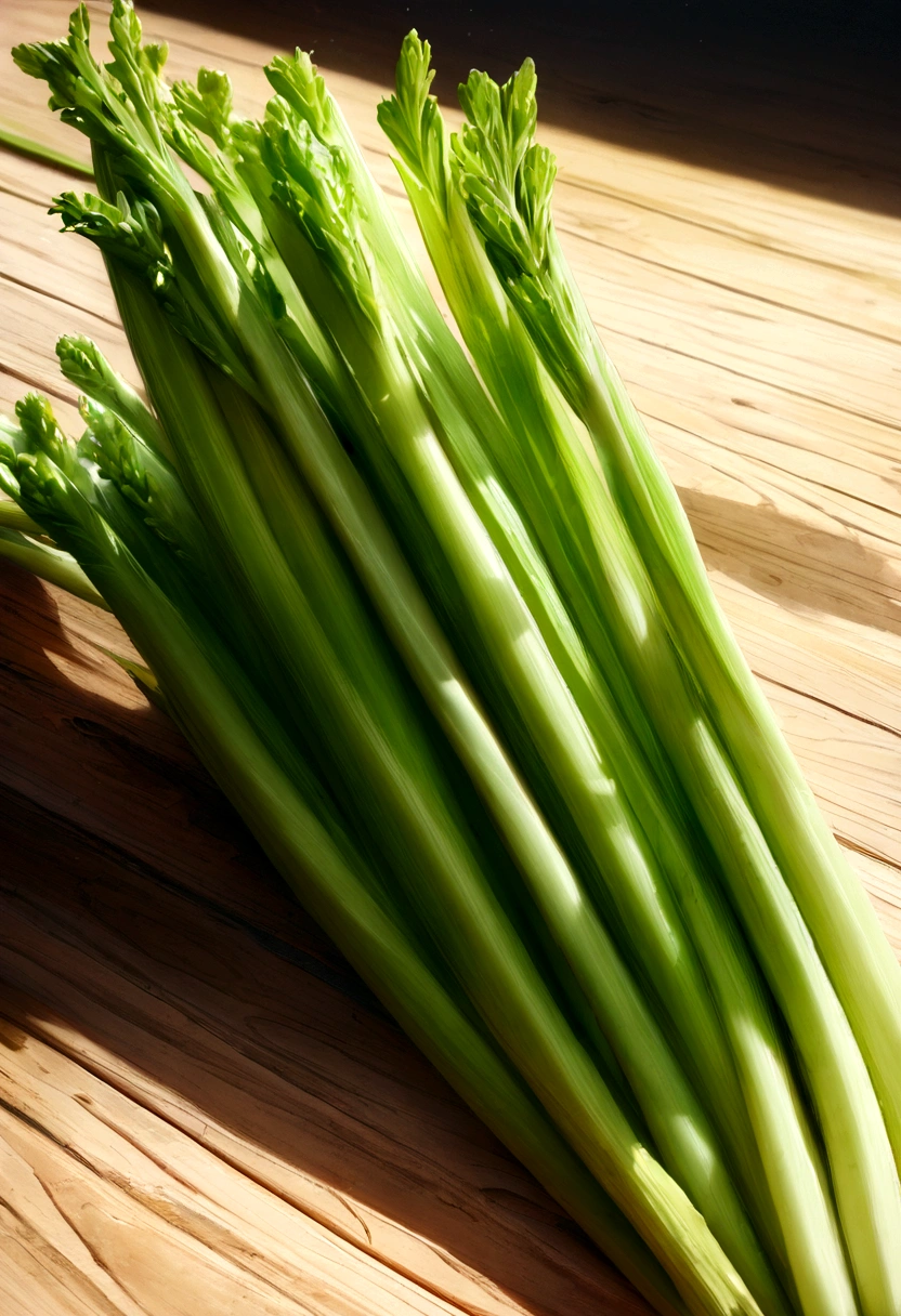 beautifully arranged celery on a table,delicate stems with tender tips,crisp and fresh,artistic presentation,naturally vibrant colors,(best quality,4k,8k,highres,masterpiece:1.2),ultra-detailed,realistic:1.37,close-up details,textured green shoots,studio lighting,subtle shadows,aesthetic appeal,culinary inspiration,wholesome and healthy,