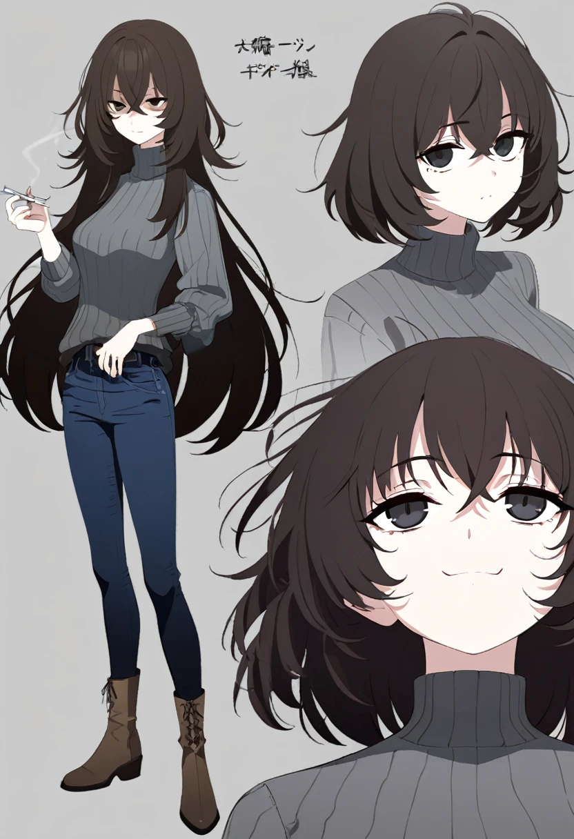 One Woman,Downer,older sister,Concept Art,Dark brown hair,Straight hair with slight inward curls,Staring eyes,Eye Ridge,black eye,Crossed bangs,whole body,smile,Slightly larger breasts,Gray background,Bangs that reach down to the eyes,Messy hair,Tight dark jeans,Gray turtleneck sweater,Multiple views of the same character,Character Design,Dark circles under the eyes,Bad look,Listless,Sloppy,accessories,Cafe staff,Holding a cigarette,whole bodyCharacter Design,Detailed hands,Height: 170cm,boots,