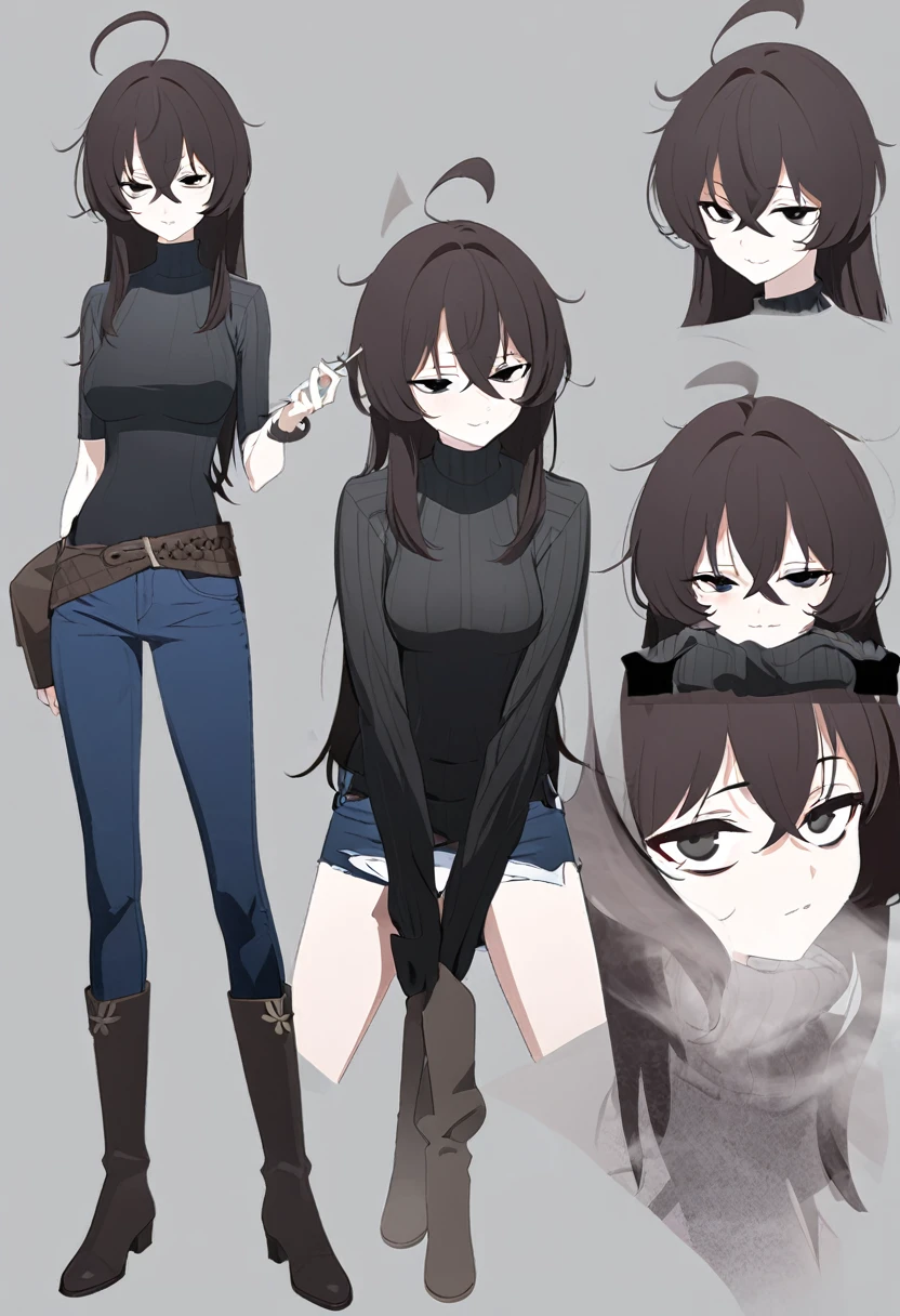 One Woman,Downer,older sister,Concept Art,Dark brown hair,Straight hair with slight inward curls,Staring eyes,Eye Ridge,black eye,Crossed bangs,whole body,smile,Slightly larger breasts,Gray background,Bangs that reach down to the eyes,Messy hair,Tight dark jeans,Gray turtleneck sweater,Multiple views of the same character,Character Design,Dark circles under the eyes,Bad look,Listless,Sloppy,accessories,Cafe staff,Holding a cigarette,whole bodyCharacter Design,Detailed hands,Height: 170cm,boots,
