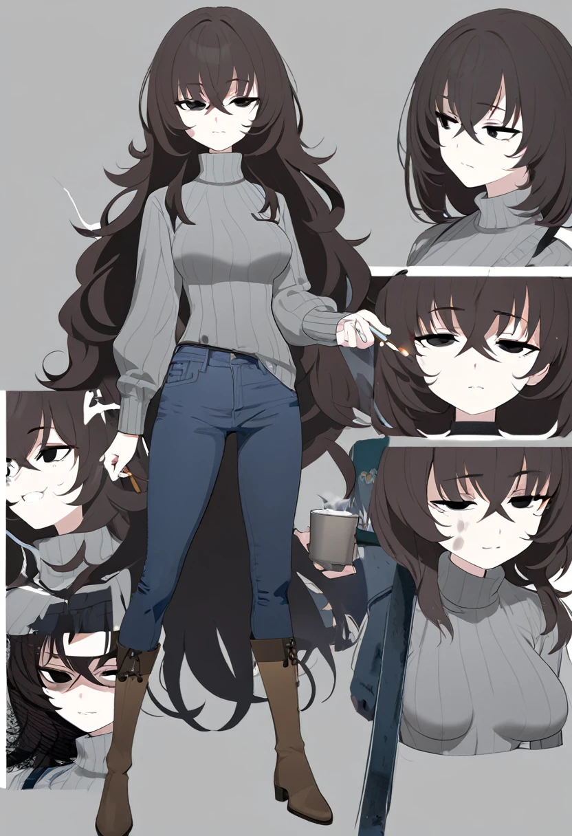 One Woman,Downer,older sister,Concept Art,Dark brown hair,Straight hair with slight inward curls,Staring eyes,Eye Ridge,black eye,Crossed bangs,whole body,smile,Slightly larger breasts,Gray background,Bangs that reach down to the eyes,Messy hair,Tight dark jeans,Gray turtleneck sweater,Multiple views of the same character,Character Design,Dark circles under the eyes,Bad look,Listless,Sloppy,accessories,Cafe staff,Holding a cigarette,whole bodyCharacter Design,Detailed hands,Height: 170cm,boots,