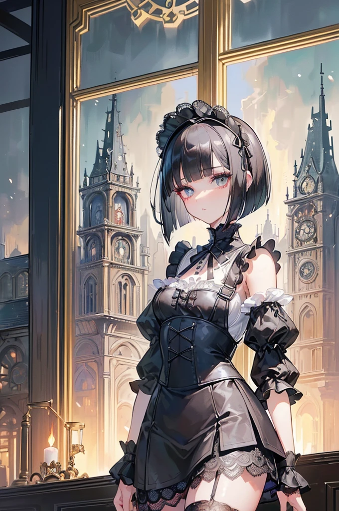 (((Masterpiece, top quality, super detailed))), One female, (((Very Slender body))) , (((Long, thin legs))), (((short black bob, thick puffy bangs ))), (((very detailed face))), cosmetics-free, small thin nose, small thin-lipped mouth, (((very sharp focused eyes))), large slit precision pale grey eyes, sparkling like jewels, Long eyelashes, ((Very decorative intricate mechanical steampunk fashion, Lace Flared mini skirt, Lace stockings above the knee, Lace Off-shoulder lolita fashion, Overly decorative fashion)), (((overall accuracy has improved dramatically, creating a super detailed and realistic image))), Super realistic photo,(((upper body))),((burning city background)),city,night,the wood,(furious),night,dark,burning town,