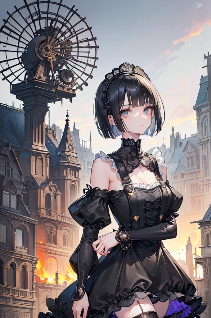 (((Masterpiece, top quality, super detailed))), One female, (((Very Slender body))) , (((Long, thin legs))), (((short black bob, thick puffy bangs ))), (((very detailed face))), cosmetics-free, small thin nose, small thin-lipped mouth, (((very sharp focused eyes))), large slit precision pale grey eyes, sparkling like jewels, Long eyelashes, ((Very decorative intricate mechanical steampunk fashion, Lace Flared mini skirt, Lace stockings above the knee, Lace Off-shoulder lolita fashion, Overly decorative fashion)), (((overall accuracy has improved dramatically, creating a super detailed and realistic image))), Super realistic photo,(((upper body))),((burning city background)),city,night,the wood,(furious),night,dark,burning town,