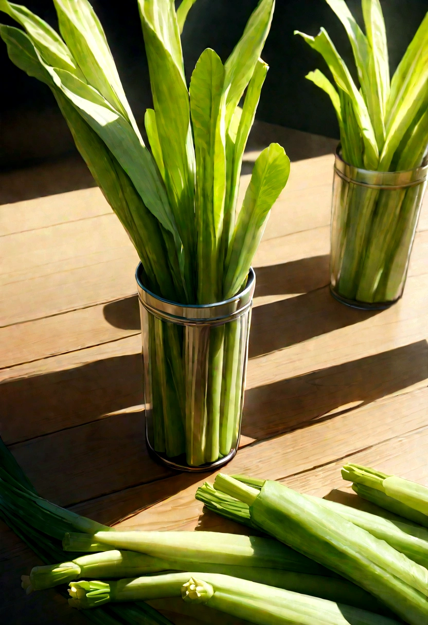 beautifully arranged celery on a table,delicate stems with tender tips,crisp and fresh,artistic presentation,naturally vibrant colors,(best quality,4k,8k,highres,masterpiece:1.2),ultra-detailed,realistic:1.37,close-up details,textured green shoots,studio lighting,subtle shadows,aesthetic appeal,culinary inspiration,wholesome and healthy,
