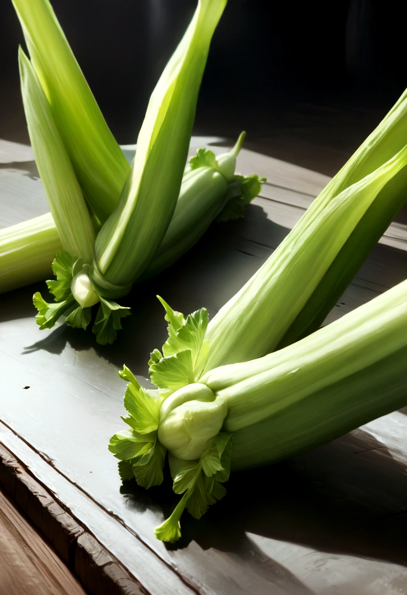beautifully arranged celery on a table,delicate stems with tender tips,crisp and fresh,artistic presentation,naturally vibrant colors,(best quality,4k,8k,highres,masterpiece:1.2),ultra-detailed,realistic:1.37,close-up details,textured green shoots,studio lighting,subtle shadows,aesthetic appeal,culinary inspiration,wholesome and healthy,