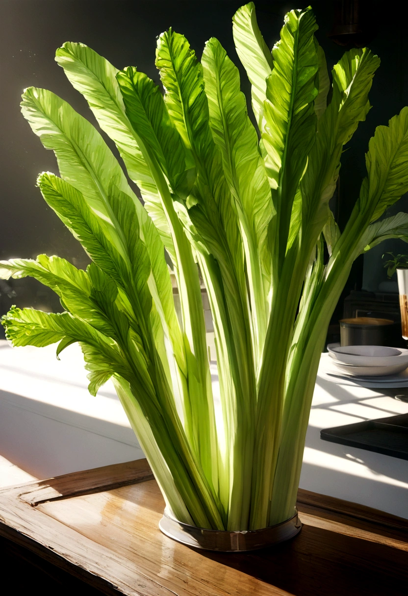 beautifully arranged celery on a table,delicate stems with tender tips,crisp and fresh,artistic presentation,naturally vibrant colors,(best quality,4k,8k,highres,masterpiece:1.2),ultra-detailed,realistic:1.37,close-up details,textured green shoots,studio lighting,subtle shadows,aesthetic appeal,culinary inspiration,wholesome and healthy,