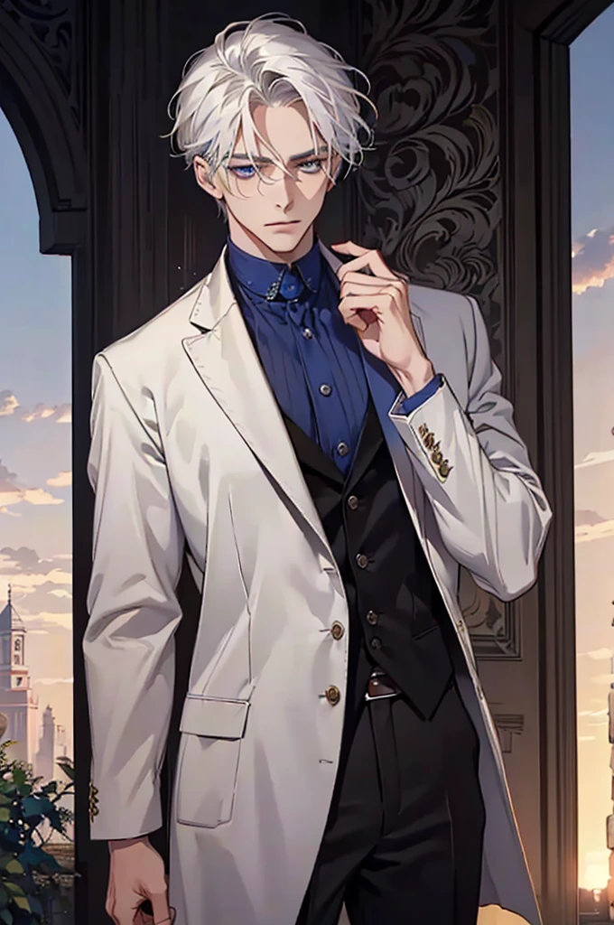 ((masterpiece:1.2, Best quality)), 4k, adult, European face, 1 person, male, mature, masculine, Beautiful, very tall, Muscles, broad shoulders, dark casual wear, White skin, medium white hair, Blue eyes, portrait, sunset, old house with apple trees. 
