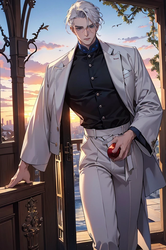 ((masterpiece:1.2, Best quality)), 4k, adult, European face, 1 person, male, mature, masculine, Beautiful, very tall, Muscles, broad shoulders, dark casual wear, White skin, medium white hair, Blue eyes, portrait, sunset, old house with apple trees. 
