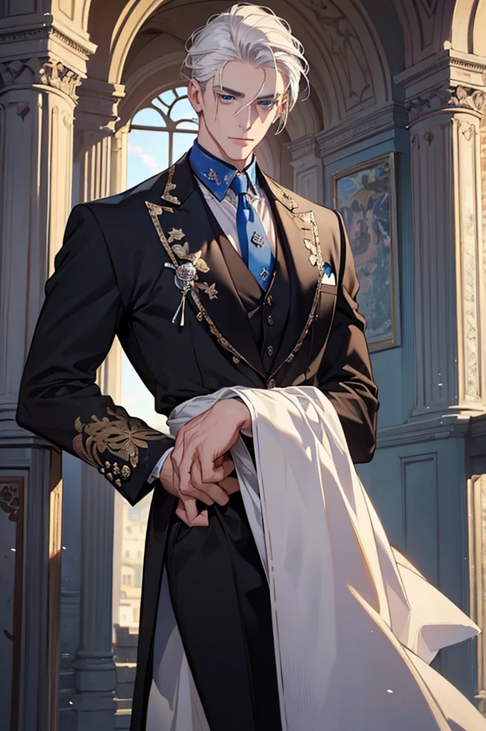 ((masterpiece:1.2, Best quality)), 4k, adult, European face, 1 person, male, mature, masculine, Beautiful, very tall, Muscles, broad shoulders, dark casual wear, White skin, medium white hair, Blue eyes, portrait, sunset, old house with apple trees. 
