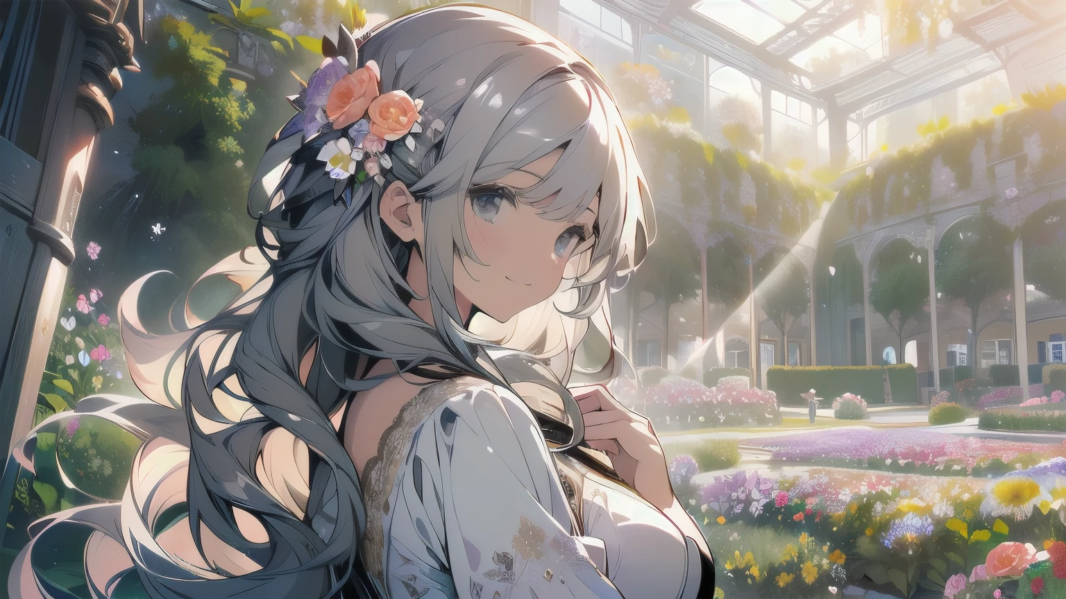 absurdres, highres, (official art, beautiful and aesthetic:1.2), (close view:1.2), Front composition,
1girl, (long hair:1.2), gray hair, wavy hair, smile,
(all over the flower garden:1.6), (Flower Effects:1.2), (Floral Background:1.2), (Background filled with flowers:1.4), (Flashy background:1.1),