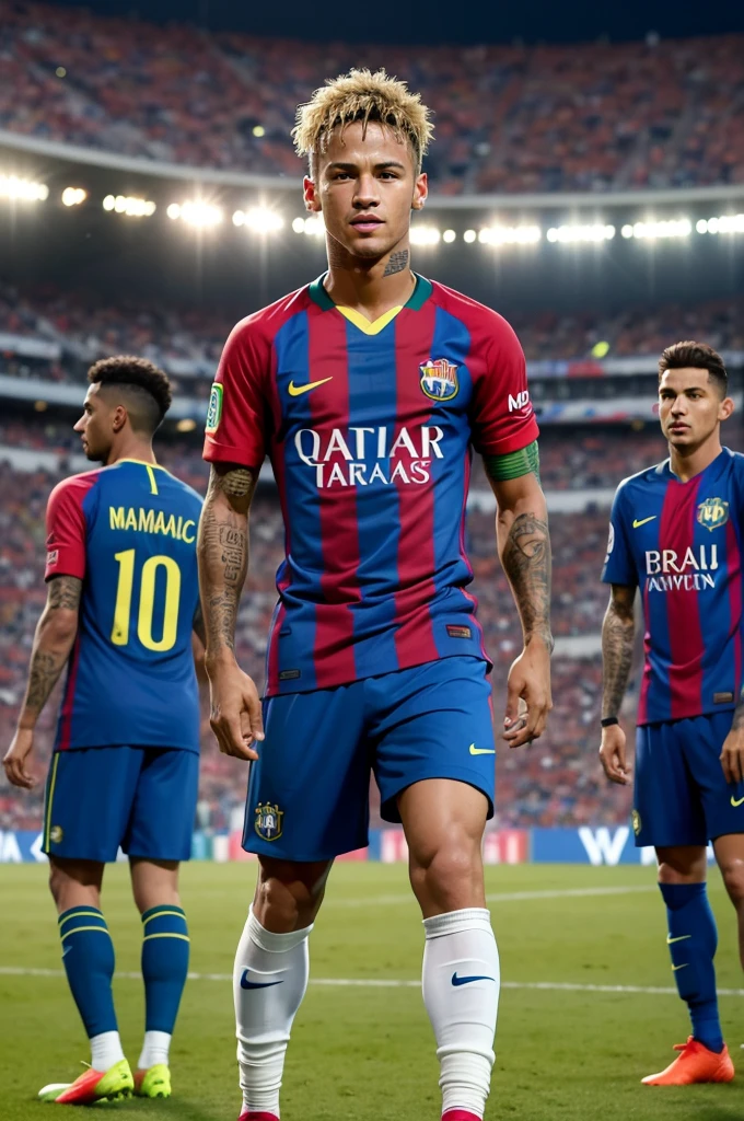 

"A dynamic and vibrant image featuring Neymar, Lionel Messi, Jude Bellingham, Cristiano Ronaldo, Lamine Yamal e Vinicius Jr. Football players are in a stadium setting, vestindo as camisas de seus respectivos times. Neymar is wearing Brazil&#39;s iconic shirt, Messi com as cores da Argentina, Bellingham com o uniforme da Inglaterra, Ronaldo com a camisa de Portugal, Yamal com o uniforme da Espanha e Vinicius Jr. com a camisa do Brasil. They are posing together, com sorrisos e camaradagem, reflecting the unity and excitement of football. The background shows a vibrant crowd and bright stadium lights."