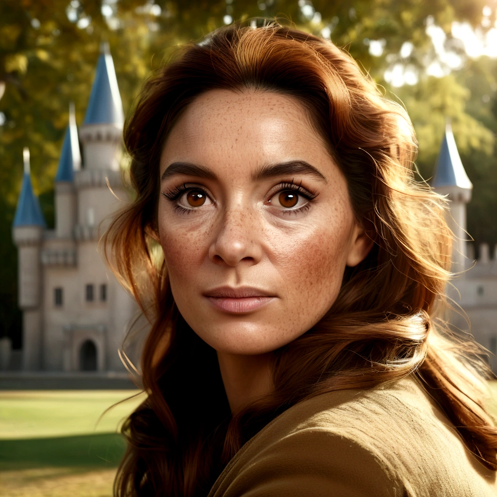 (Masterpiece 8k RAW photo of exceptional quality high resolution: 1.5), Detailed and realistic (portrait: 1.5), (Skin pores: 1.3), Texture Skin with wrinkles (freckles: 1.0), (Detailed Brown Eyes: 1.5), Castle park in the background, cinematic movie photograph (realistic, photo-realistic: 1.5), Soft, natural lighting with dramatic contrast, shallow depth of field, grain of film, clear, ultra-detailed, dynamic compositing, Leica 110mm.