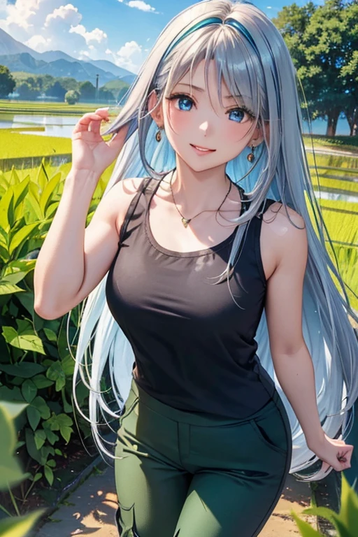 #Basics A girl is posing for a photo, animeのかわいい女の子, (((One Girl, Baby Face, 16 years old))),
BREAK
#Clothing Accessories
(Black T-shirt:1.4 + (Knee-length wide-legged matcha-colored trousers:1.4) + sneakers),
(big silver necklace, Silver earrings),
BREAK
#Features
(Light blue hair:1.4, amount:1.4, Chest-length sideburns, Long Hair : Hair fluttering in the wind + Very long hair + Curly, voluminous hair that spreads out to the sides, White hair band),
(Droopy eyes,blue eyes), (Small breasts),
BREAK
#expression
(smug face, Wicked Smile),
#background environment
((noon, Sunshine + Paddy field + Rural landscape + rainbow)),
#composition
(Face the viewer:1.4, Aggressive Pose, Cowboy Shot:1.4),
BREAK
#Body parts elements
(Beautiful Hair,Shiny Hair),
(double eyelid, Long eyelashes),
(Expression of fine eyes, Beautiful and delicate eyes, Sparkling eyes, Eye Reflexes),
(Human Ear),
(Beautiful Nose, Thin Nose),
(Glossy lips, Beautiful Lips, Thick lips), (Symmetrical facial features),
(Detailed skin, Textured skin, Beautiful Skin),
BREAK
#Quality
(((Highest quality)), ((masterpiece)), ((Very detailed))), ((High resolution), (16k,1080p)),
(Realistic), (Anatomically correct),
((comics, anime)), (3DCG), CG illustration,