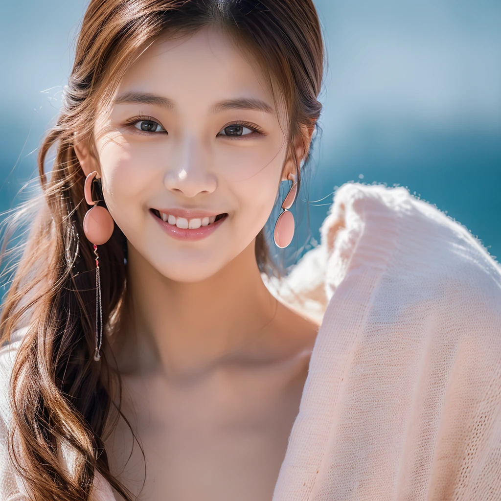 (8K, Raw-Foto, best quality, perfect nude body, masterpiece:1.2),(realistisch, foto realistisch:1.4),(Hochdetailliertes CG Unity 8K-Hintergrundbild),(Rundes Gesicht: 1.5), (detailed student:1.3),Beautiful woman on Baltic Sea beach , whole upper body, nude breasts, pferdeschwanzfrisur, pretty colorful long hanging earrings, ponytail(Junge, but very beautiful 22-year-old Korean,Coole Augen, ponytail, little smile,Blick nach vorn,Blick in die Kamera,Unvergessliche Augen,The eyes are so beautiful.,