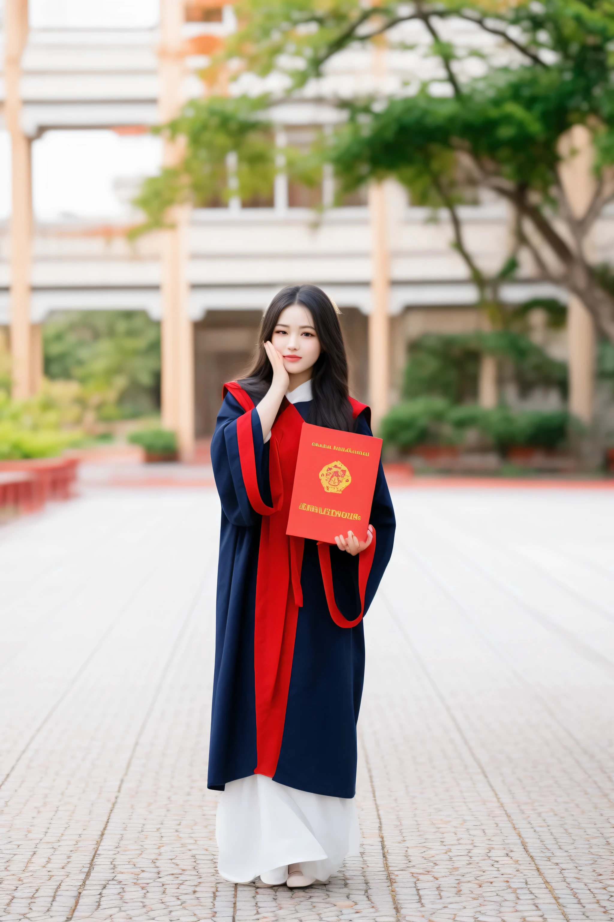 arafed woman in a graduation gown holding a red book, wearing an academic gown, graduation photo, wearing long royal robe, wearing red robes, girl, flowing hair and long robes, young asian girl, ao dai, wearing red sorcerers robes, wearing gilded red robes, wearing black robe, portrait shot, wearing long gown, student, a young asian woman